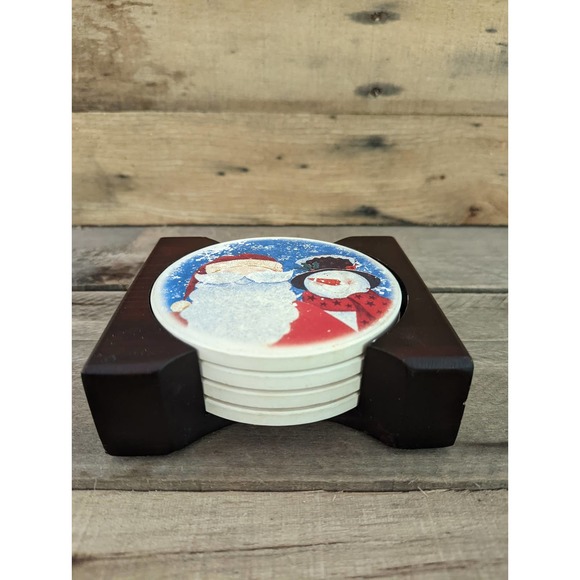 Set of four Stoneware Christmas Snowman & Santa Coasters with wooden holder - Picture 2 of 6